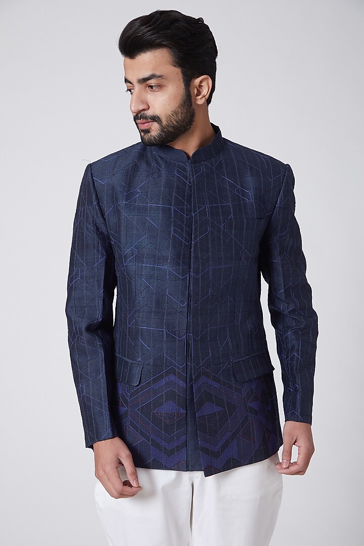 Navy Blue Embroidered Wedding Bandhgala Jacket by Anurav at Pernia's Pop Up Shop
