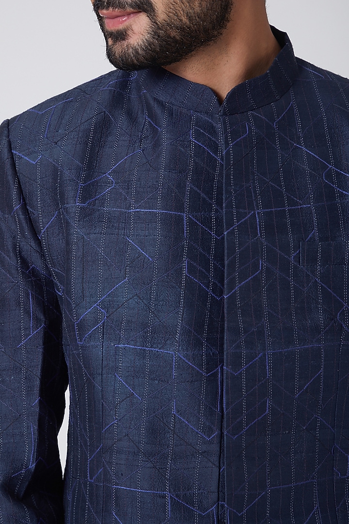 Navy Blue Embroidered Wedding Bandhgala Jacket by Anurav at Pernia's Pop Up Shop