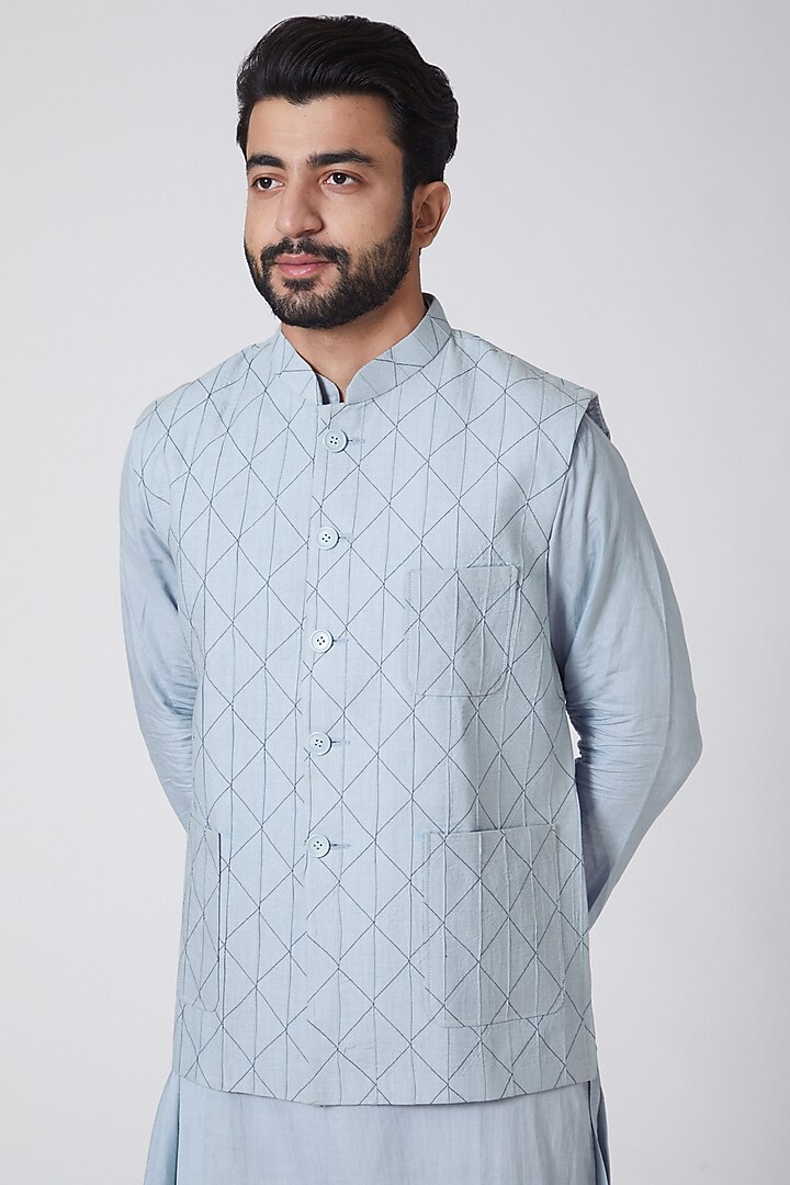 Sky Blue Cotton Waist Coat by Anurav at Pernia's Pop Up Shop