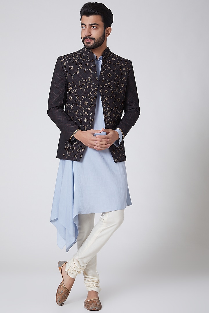 Brown & Powder Blue Embroidered Jacket Set by Anurav