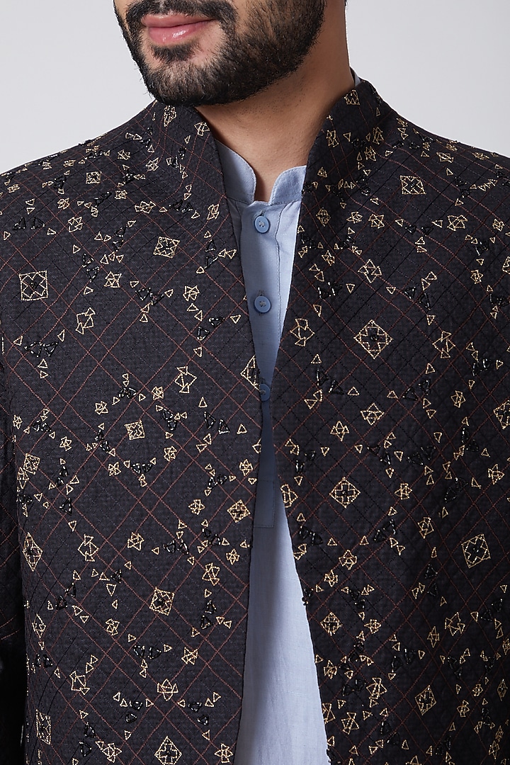 Brown & Powder Blue Embroidered Jacket Set by Anurav at Pernia's Pop Up Shop
