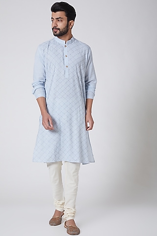 Sky Blue Embroidered Chambray Kurta by Anurav