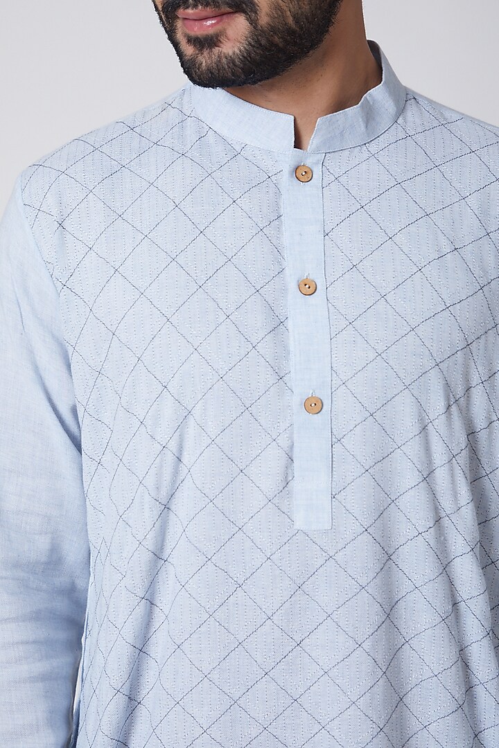 Sky Blue Embroidered Chambray Kurta by Anurav at Pernia's Pop Up Shop