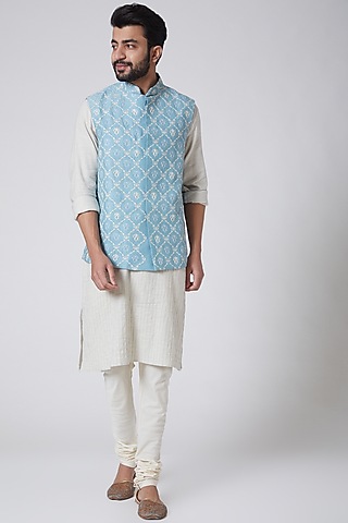 Sky Blue Embroidered Waist Coat by Anurav