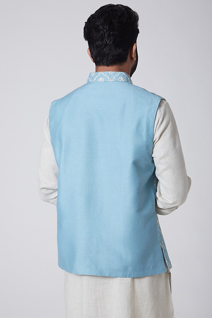 Sky Blue Embroidered Waist Coat by Anurav at Pernia's Pop Up Shop