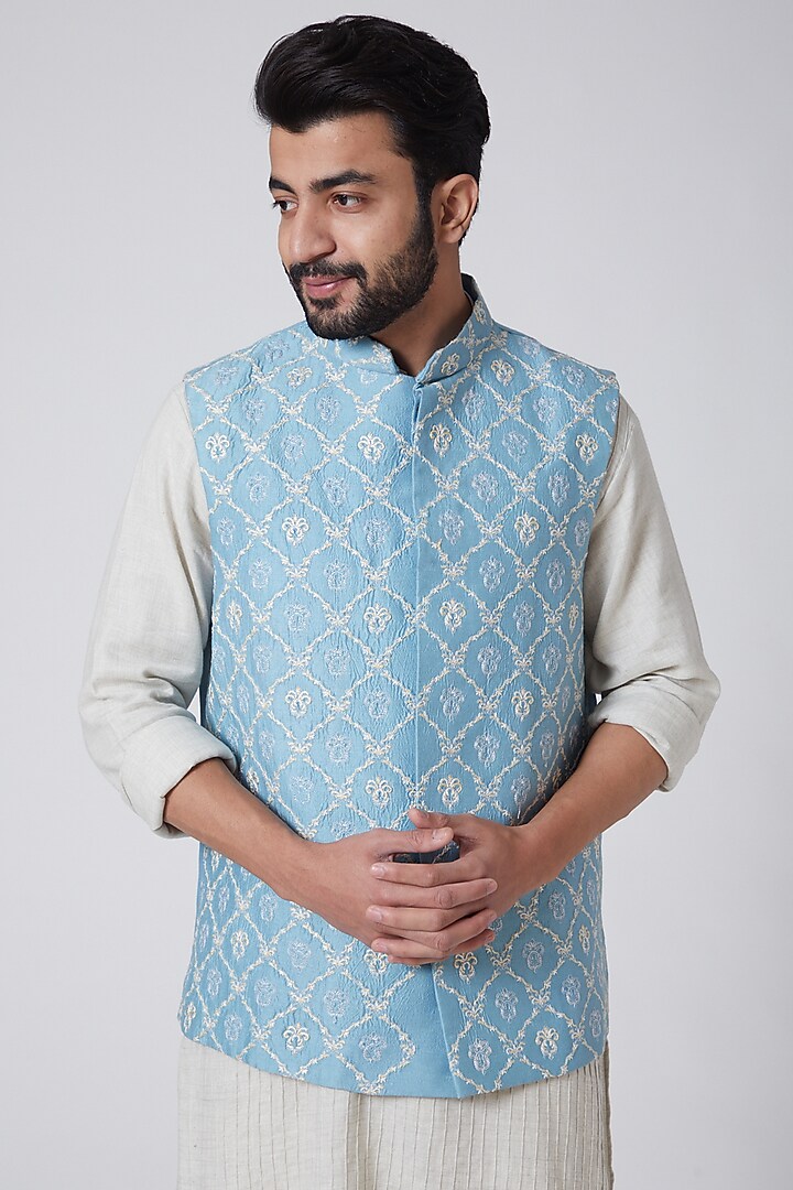 Sky Blue Embroidered Waist Coat by Anurav at Pernia's Pop Up Shop