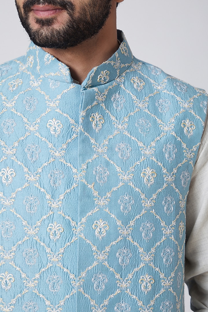 Sky Blue Embroidered Waist Coat by Anurav at Pernia's Pop Up Shop
