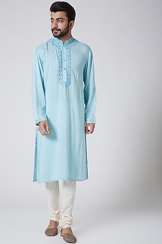 Sky Blue Embroidered Cotton Kurta by Anurav
