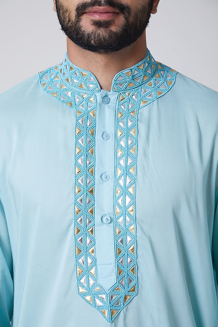 Sky Blue Embroidered Cotton Kurta by Anurav at Pernia's Pop Up Shop