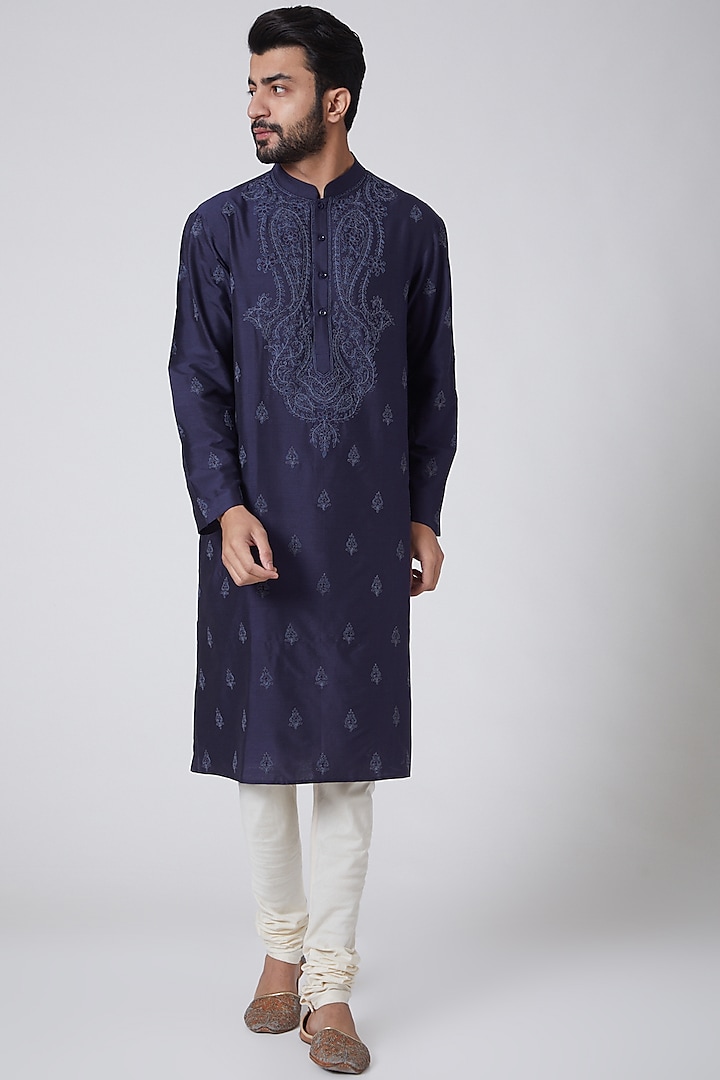 Cobalt Blue Embroidered Kurta by Anurav