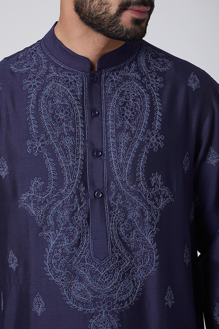 Cobalt Blue Embroidered Kurta by Anurav at Pernia's Pop Up Shop