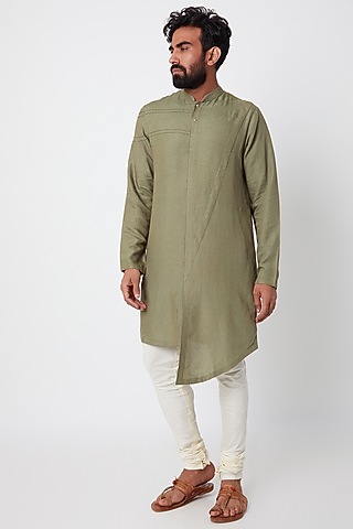 Olive Green Asymmetric Kurta For Boys by Anurav Men - Kids
