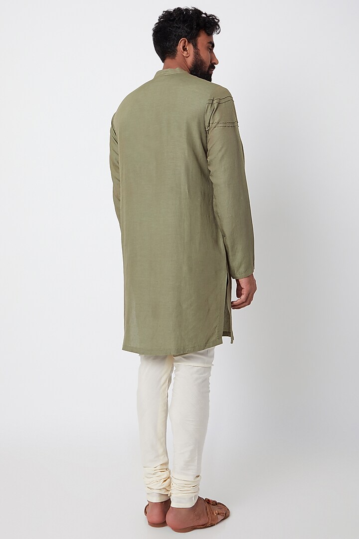 Olive Green Asymmetric Kurta For Boys by Anurav Men - Kids at Pernia's Pop Up Shop