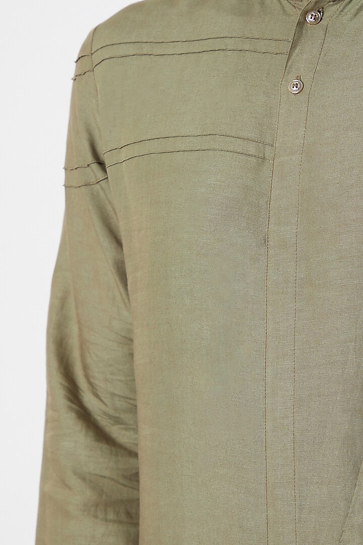 Olive Green Asymmetric Kurta For Boys by Anurav Men - Kids at Pernia's Pop Up Shop