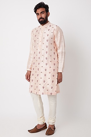 Blush Pink Embroidered Kurta Set For Boys by Anurav Men - Kids
