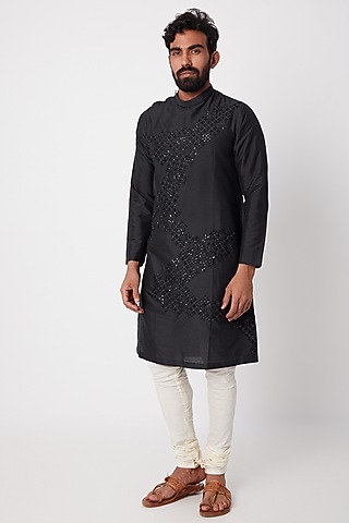 Black Sequins Embroidered Kurta Set For Boys by Anurav Men - Kids