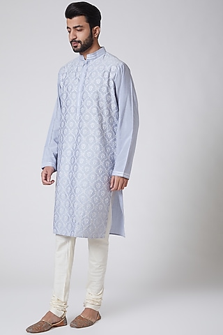 Sky Blue Embroidered Kurta For Boys by Anurav Men - Kids