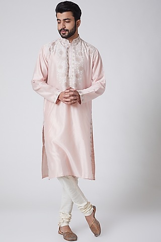 Blush Pink Embroidered Kurta For Boys by Anurav Men - Kids