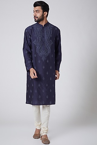 Cobalt Blue Embroidered Kurta For Boys by Anurav Men - Kids