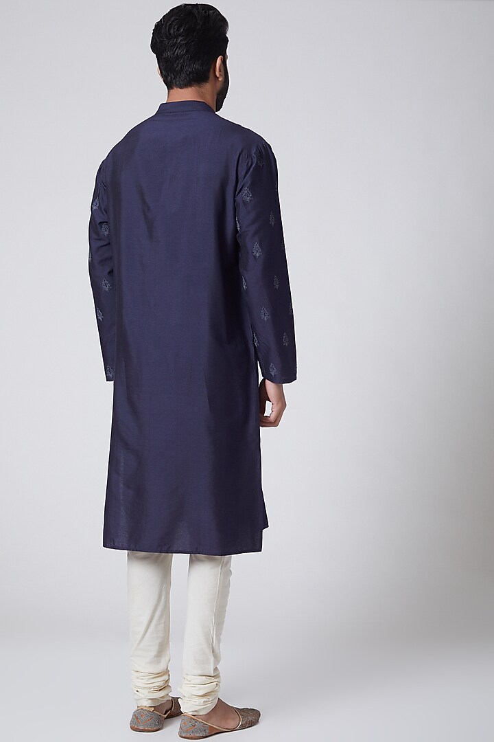 Cobalt Blue Embroidered Kurta For Boys by Anurav Men - Kids at Pernia's Pop Up Shop