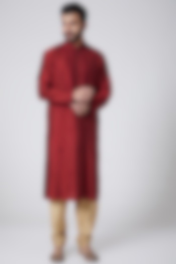 Red Embroidered Kurta  For Boys by Anurav Men - Kids