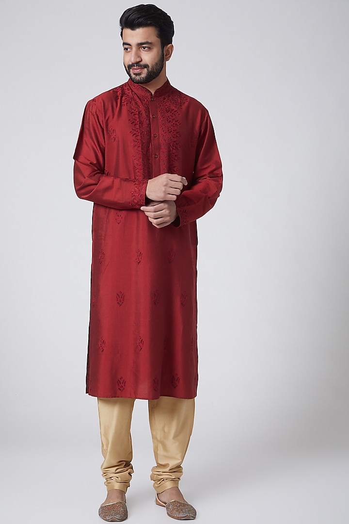 Red Embroidered Kurta  For Boys by Anurav Men - Kids