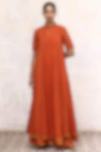 Orange Raw Silk & Organza Hand Embroidered Dress by Aravi