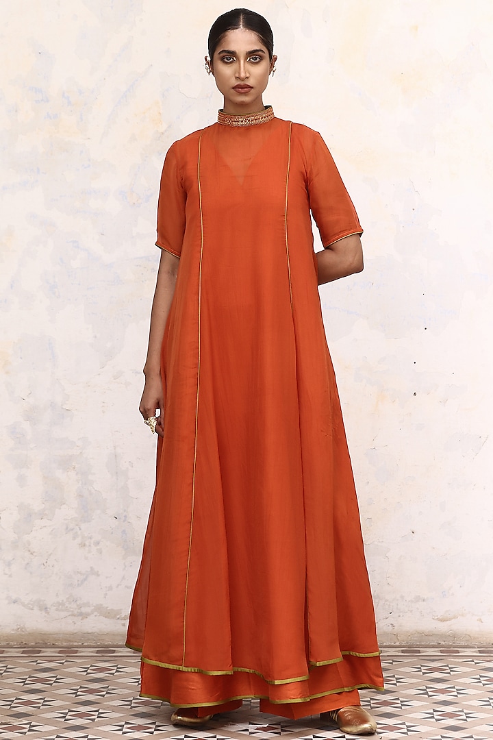 Orange Raw Silk & Organza Hand Embroidered Dress by Aravi
