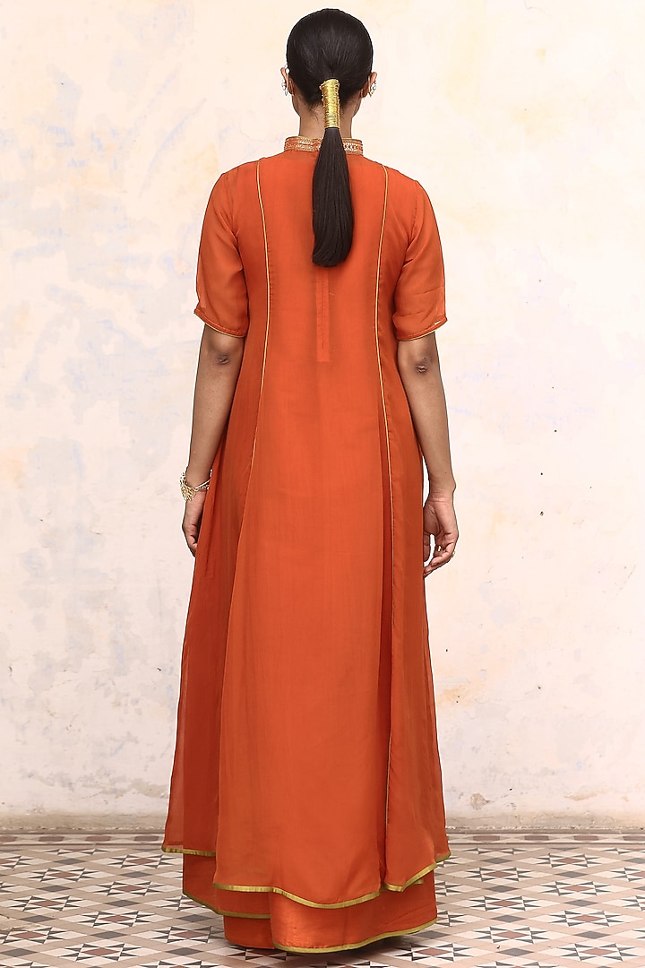 Orange Raw Silk & Organza Hand Embroidered Summer Dress by Aravi at Pernia's Pop Up Shop