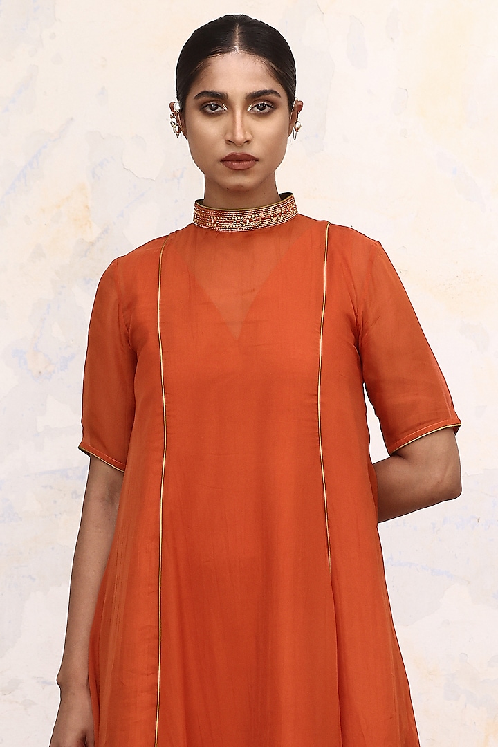 Orange Raw Silk & Organza Hand Embroidered Summer Dress by Aravi at Pernia's Pop Up Shop