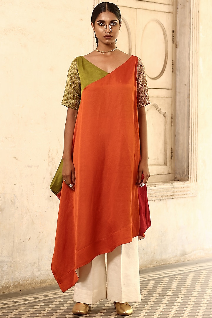 Orange Linen Sarin Hand Embroidered Tunic by Aravi