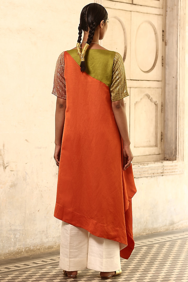 Orange Linen Sarin Hand Embroidered Tunic by Aravi at Pernia's Pop Up Shop