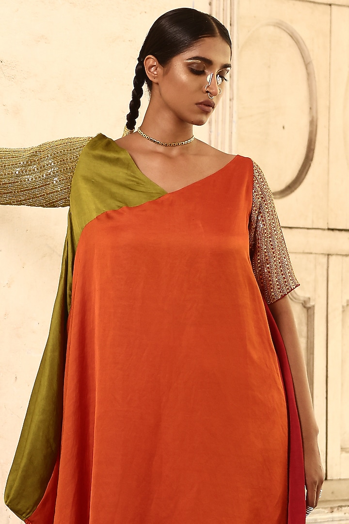Orange Linen Sarin Hand Embroidered Tunic by Aravi at Pernia's Pop Up Shop