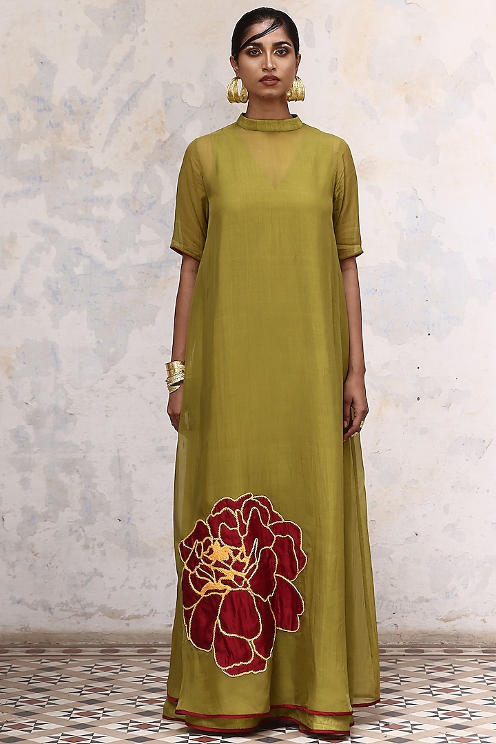 Green Linen Satin & Organza Hand Embroidered Dress by Aravi