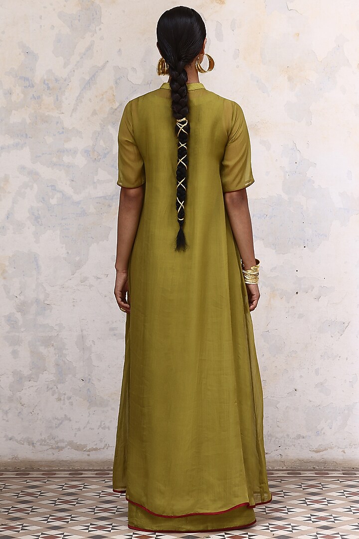 Green Linen Satin & Organza Hand Embroidered Vacation Dress by Aravi at Pernia's Pop Up Shop