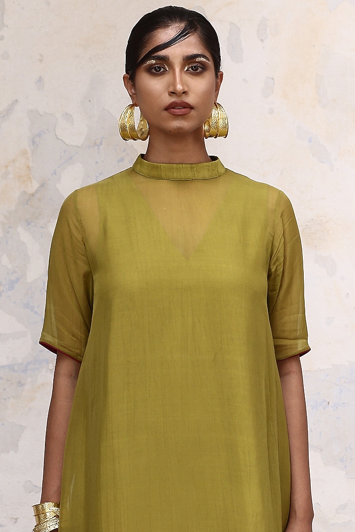 Green Linen Satin & Organza Hand Embroidered Vacation Dress by Aravi at Pernia's Pop Up Shop