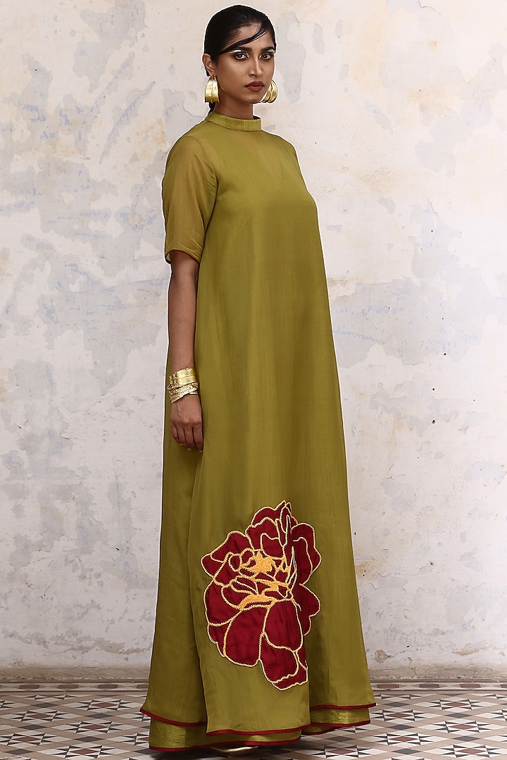 Green Linen Satin & Organza Hand Embroidered Vacation Dress by Aravi at Pernia's Pop Up Shop