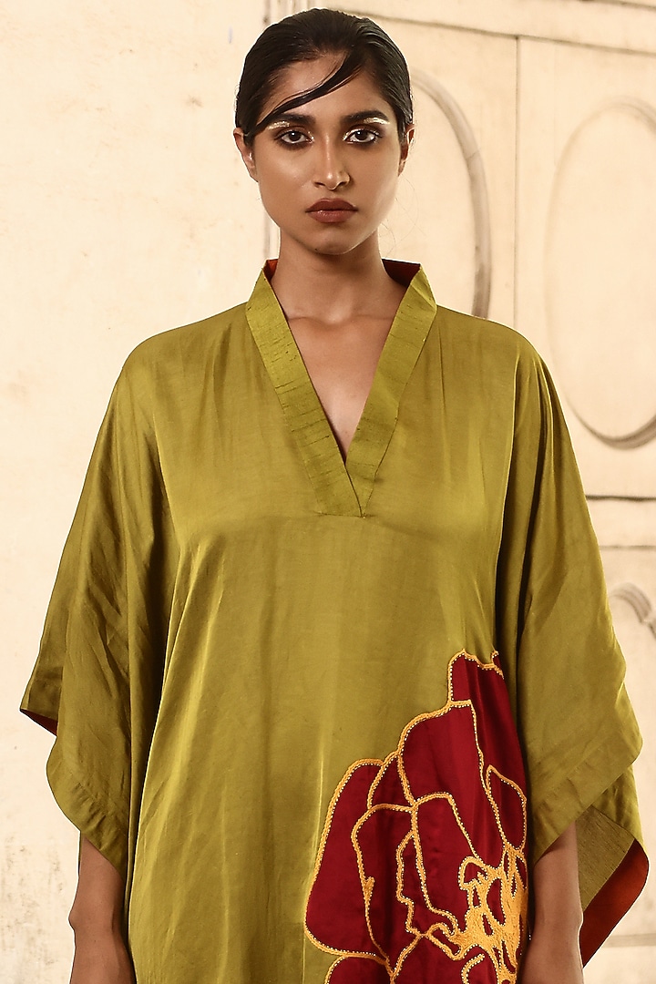 Green Linen Satin Hand Embroidered Kaftan by Aravi at Pernia's Pop Up Shop