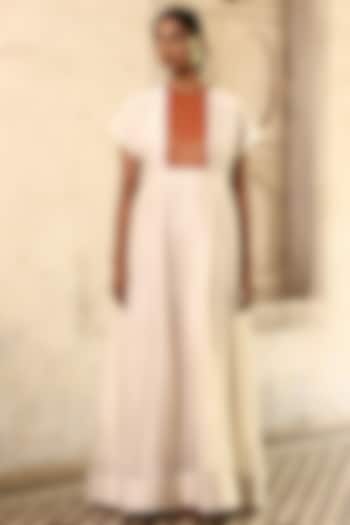 White Chanderi Silk Hand Embroidered Maxi Dress by Aravi