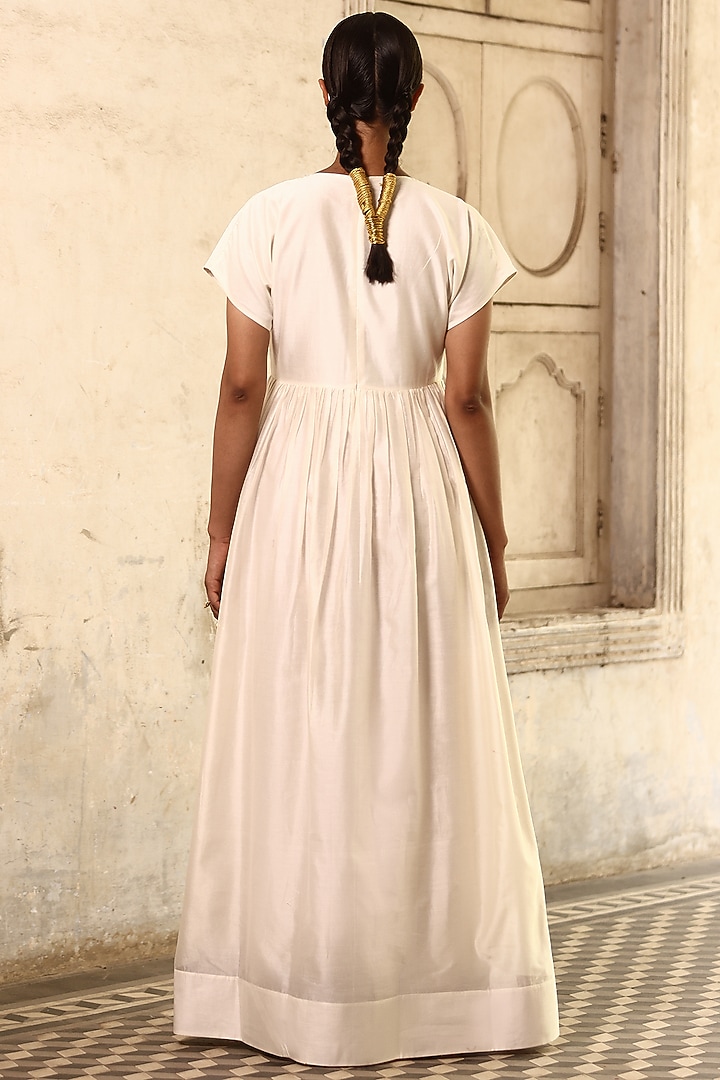 White Chanderi Silk Hand Embroidered Maxi Summer Dress by Aravi at Pernia's Pop Up Shop