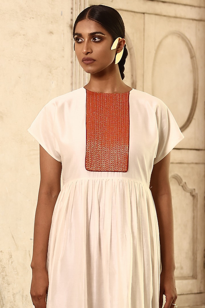 White Chanderi Silk Hand Embroidered Maxi Summer Dress by Aravi at Pernia's Pop Up Shop
