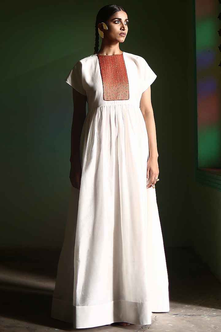 White Chanderi Silk Hand Embroidered Maxi Summer Dress by Aravi at Pernia's Pop Up Shop