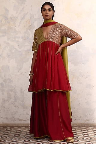 Red Linen Satin & Organza Hand Embroidered Kurta Set by Aravi