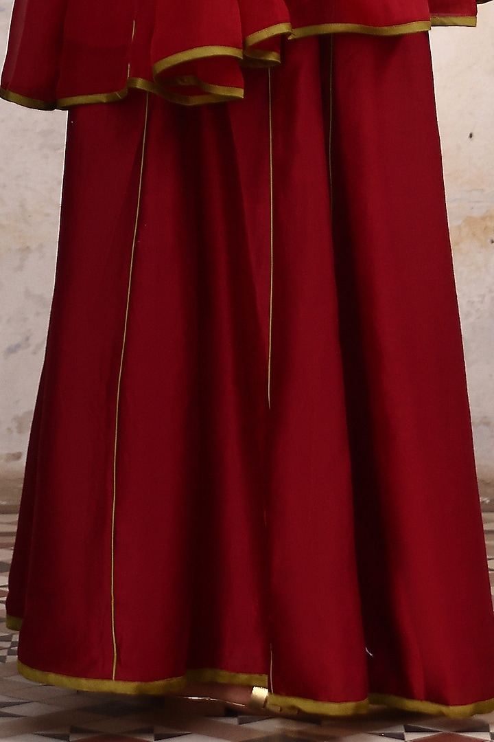 Red Linen Satin & Organza Hand Embroidered Kurta Set by Aravi at Pernia's Pop Up Shop
