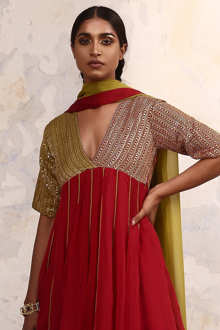 Red Linen Satin & Organza Hand Embroidered Kurta Set by Aravi at Pernia's Pop Up Shop