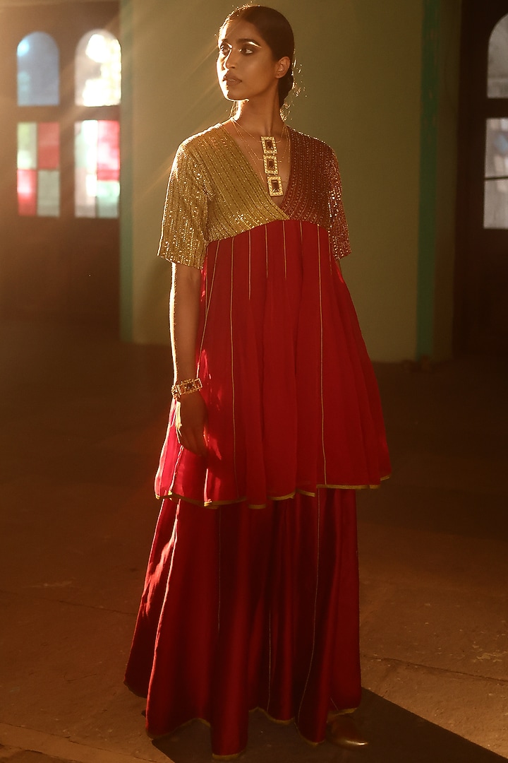 Red Linen Satin & Organza Hand Embroidered Kurta Set by Aravi at Pernia's Pop Up Shop