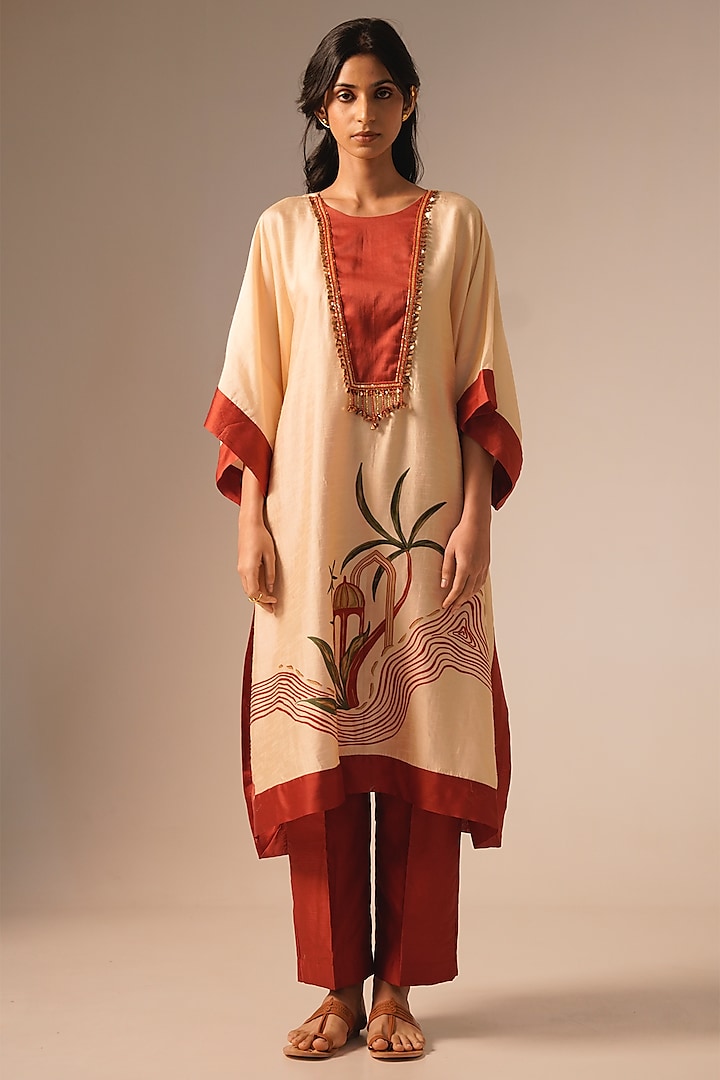 Cream Raw Silk Printed & Embroidered Kaftan Set by Aravi at Pernia's Pop Up Shop