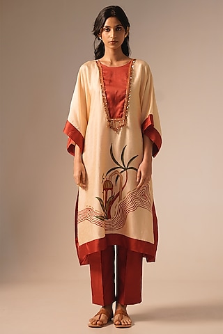 Cream Raw Silk Printed & Embroidered Kaftan Set by Aravi