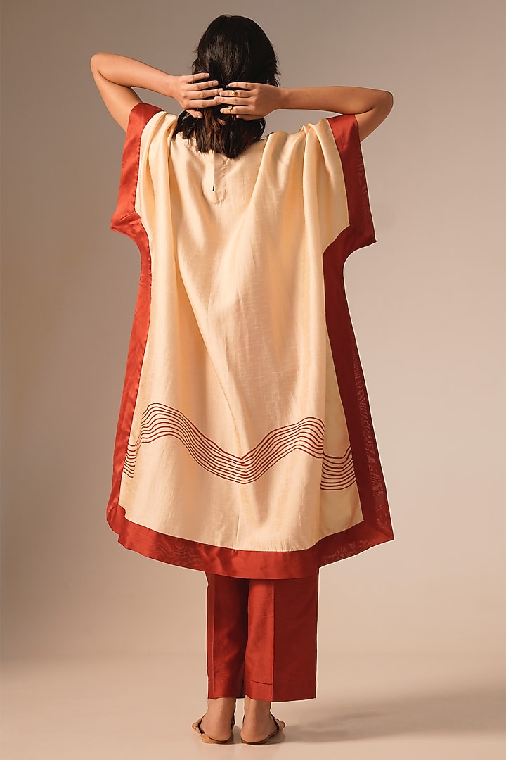 Cream Raw Silk Printed & Embroidered Kaftan Set by Aravi at Pernia's Pop Up Shop