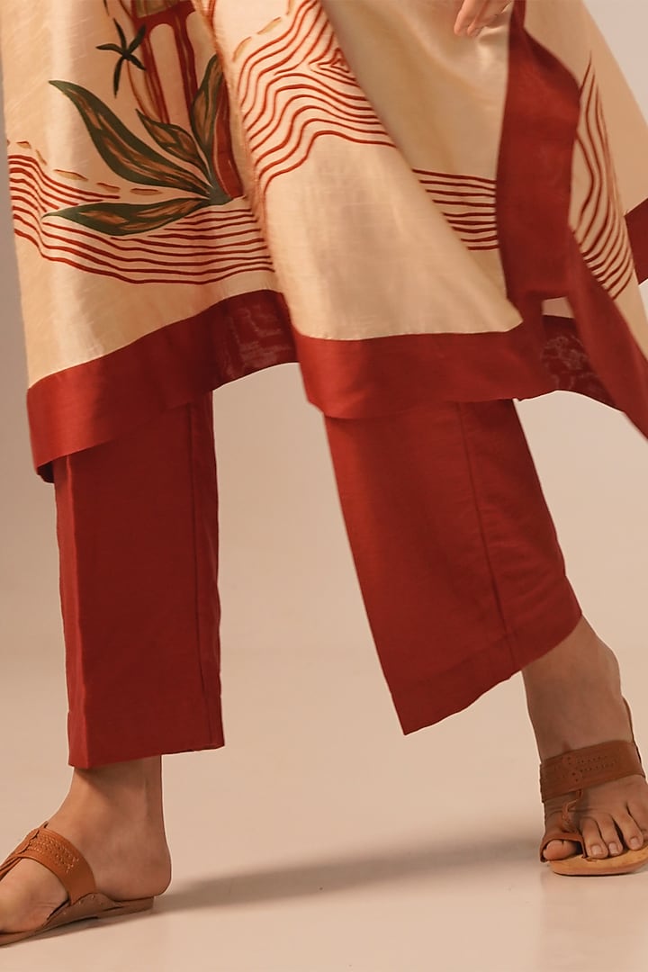 Cream Raw Silk Printed & Embroidered Kaftan Set by Aravi at Pernia's Pop Up Shop